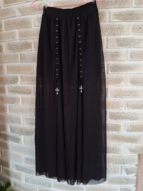 Daisy Street Dresses & Skirts - Daisy Street XS Goth Maxi Skirt - Double Slit, Rivet Lace up, Metal Cross Charms
